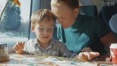 年轻的母亲和小儿子在火车上<strong>旅行</strong>时看着儿童读物中的图片的慢镜头
